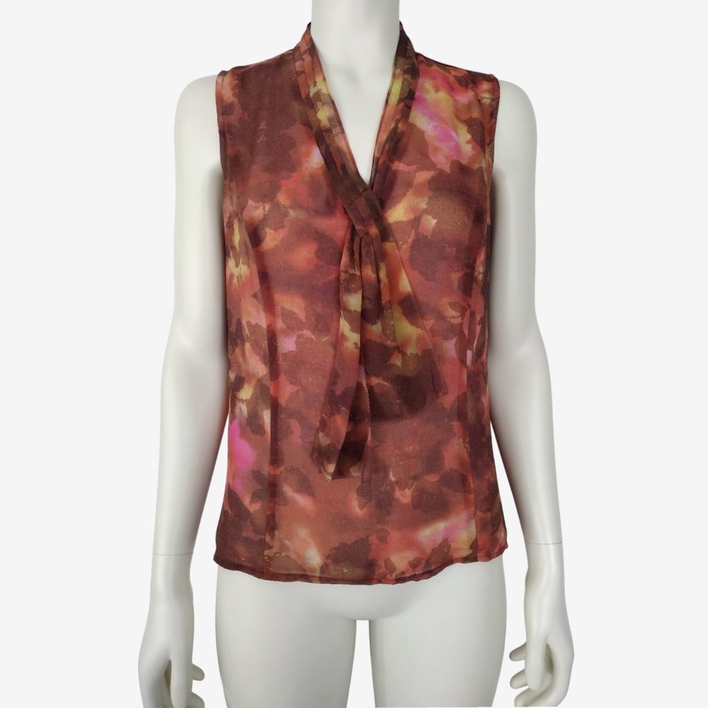 Coldwater Creek Sleeveless Watercolor Floral Front Tie Chiffon Blouse SP